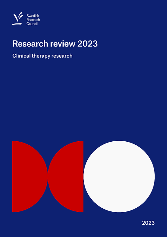 Report cover in blue with the titel Research review 2023: Clinicial therapy research