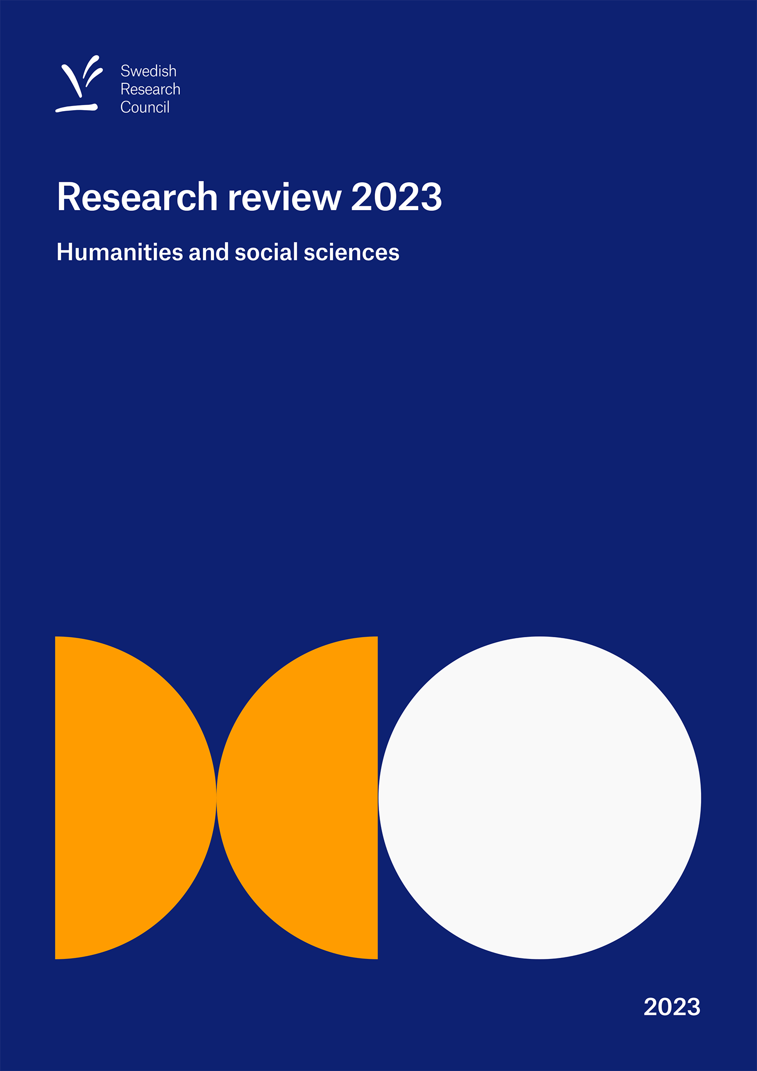Report cover in blue with the titel 2023 Research review Humanities and social sciences