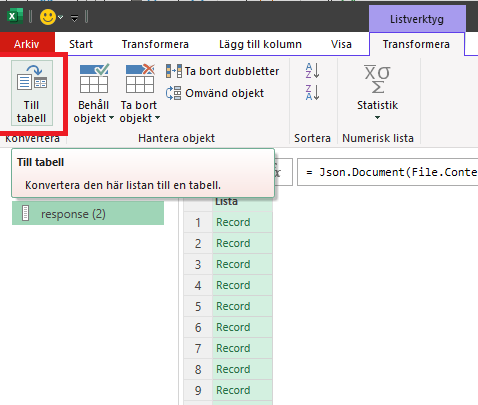 Skärmbild från Excel. Visar meny "Transformera" och alternativet "Till tabell" 