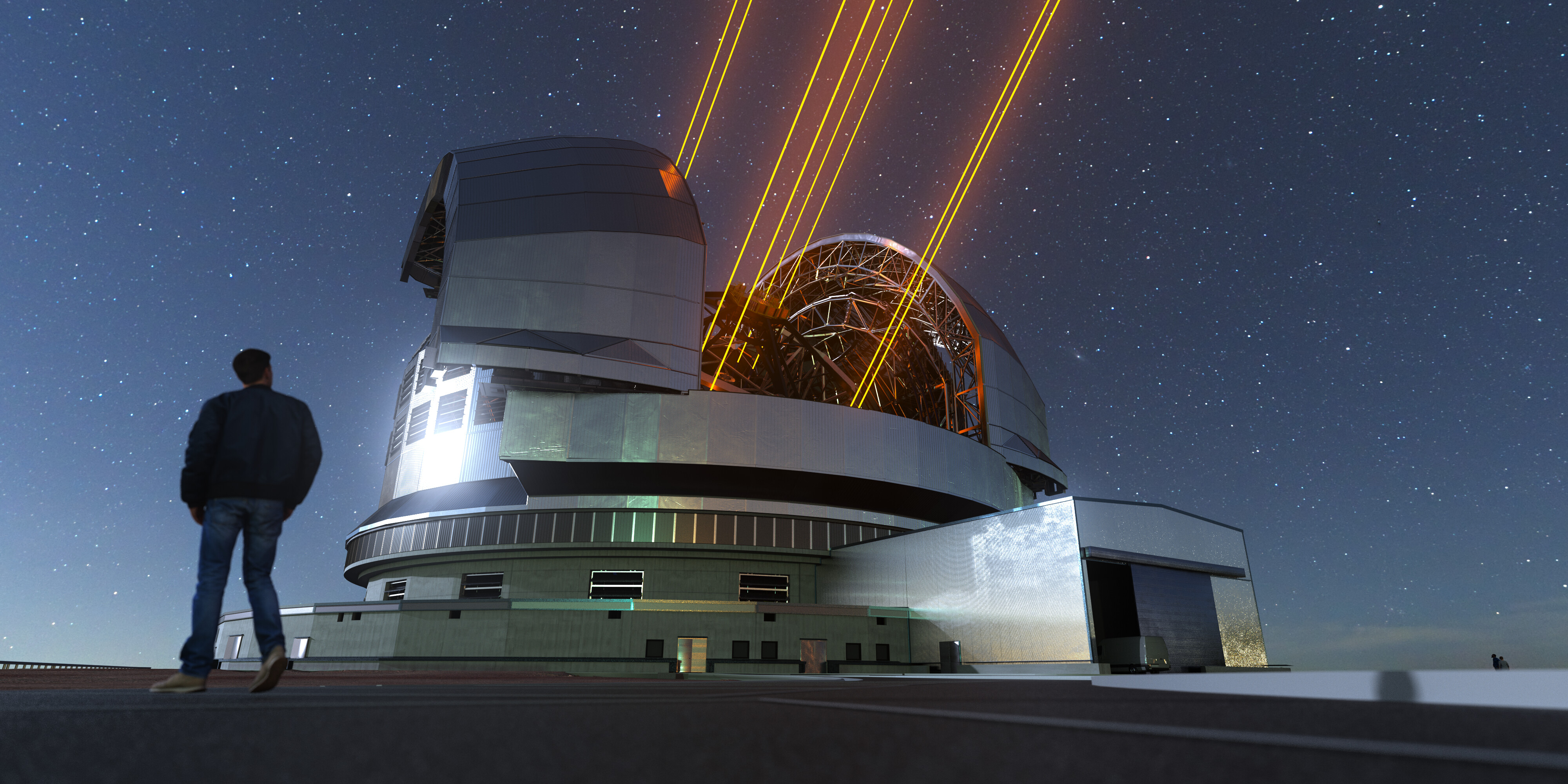 Illustration of a large telescope in the night, shooting rays of light into space.