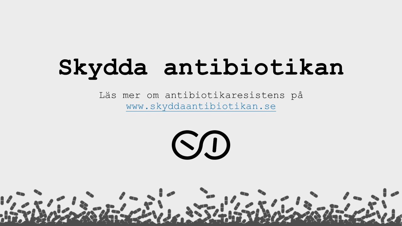Svartvit illustration med svarta piller i nederkant. I bilden står texten Skydda antibiotikan. Läs mer på skyddaantibiotikan.se.. 