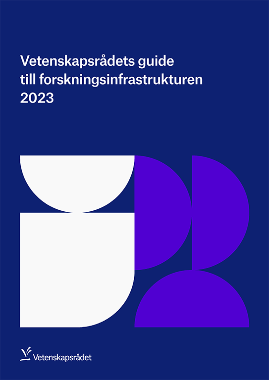 Rapportomslag i blått med titeln Vetenskapsrådets guide till forskningsinfrastrukturen 2023.